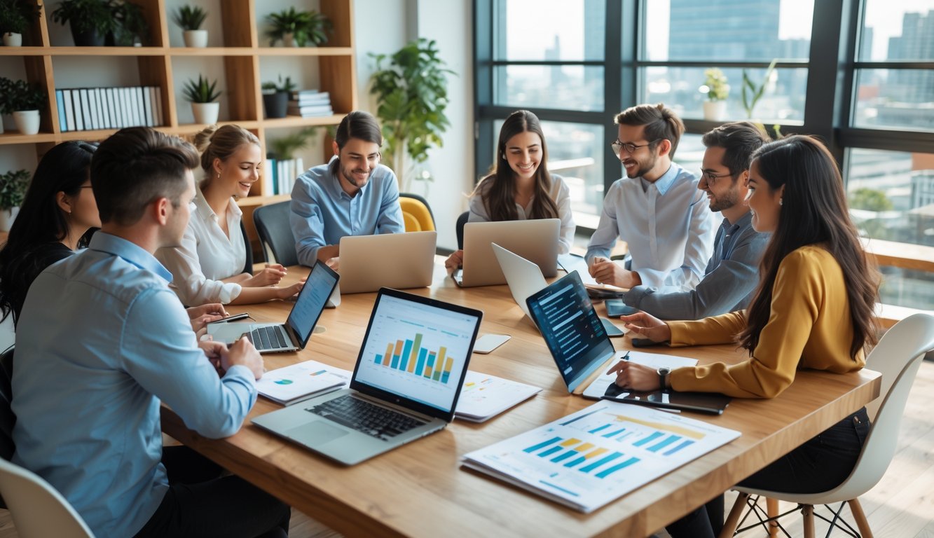 A group of professionals working together around a table in a bright coworking space with laptops and documents.