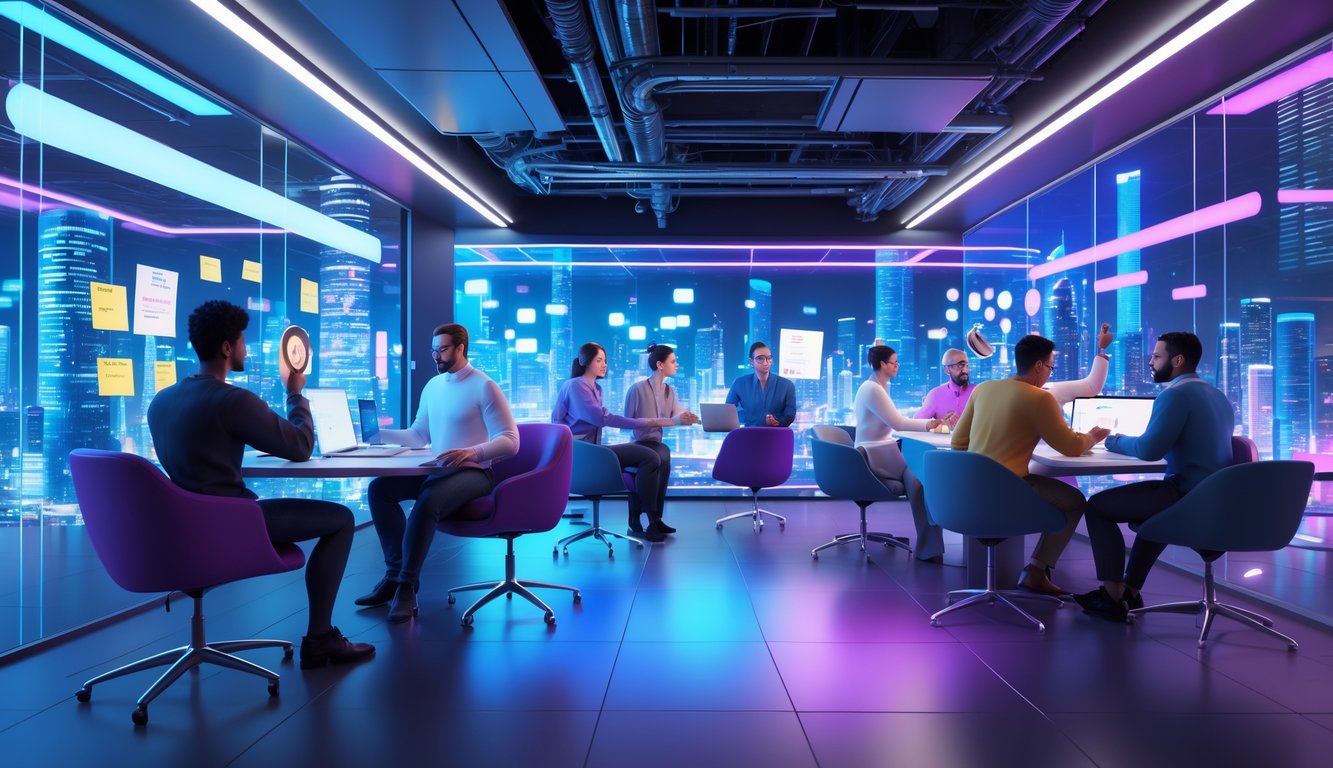 A virtual coworking space with diverse avatars collaborating using holographic screens and digital interfaces in a futuristic environment.