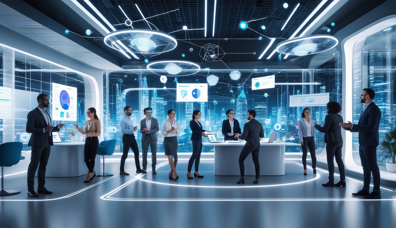 People working together in a futuristic virtual coworking space with holographic screens and digital interfaces.