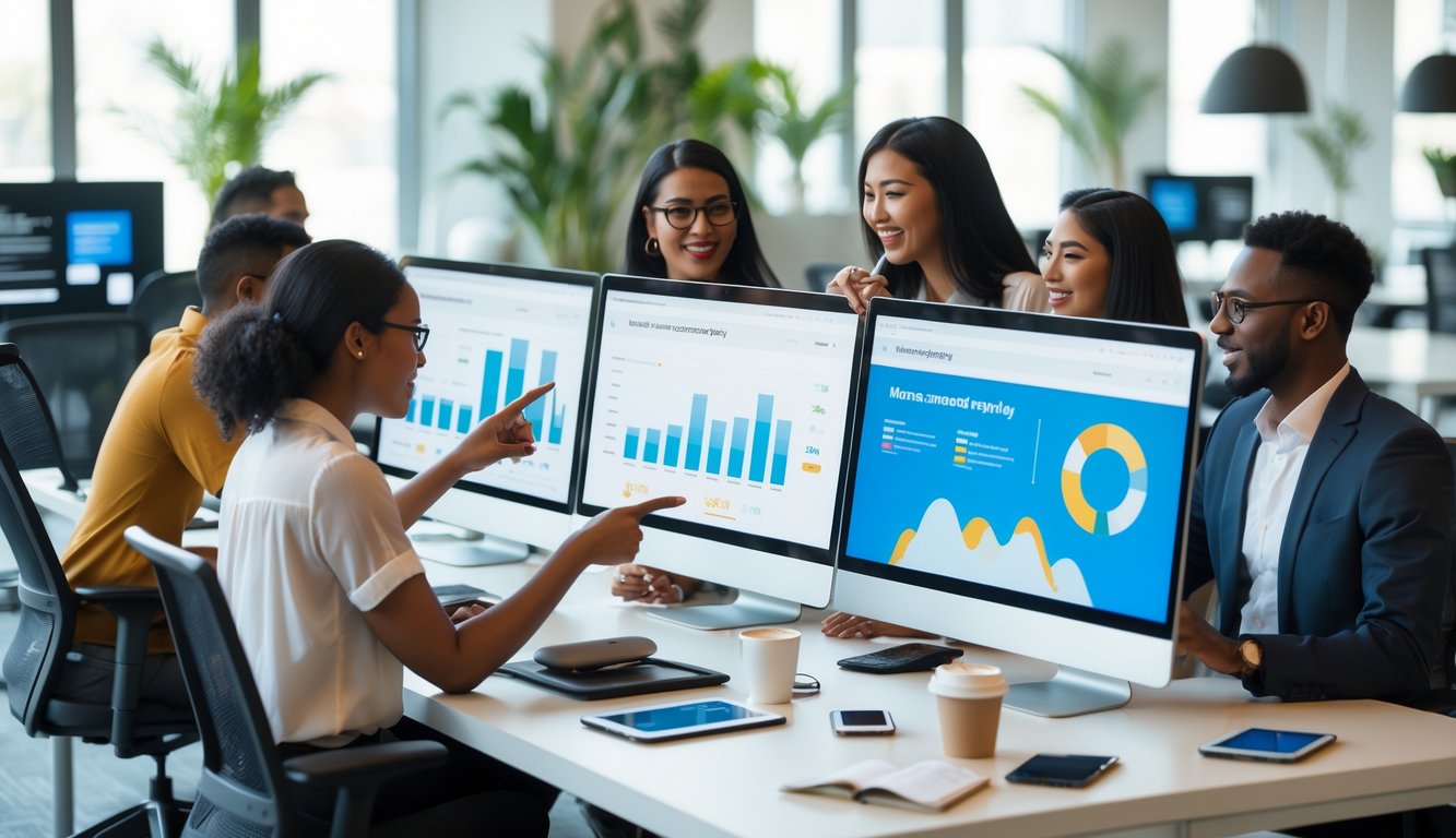People working together in a modern coworking space with computers showing website analytics and graphs.