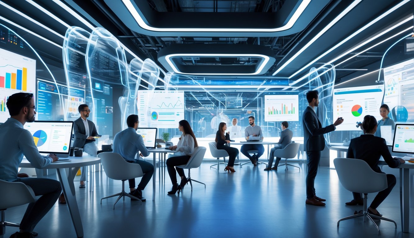 People working together in a futuristic virtual coworking space with holographic screens and digital workstations.