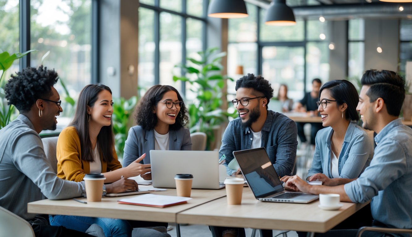 A group of young professionals talking and sharing ideas in a modern coworking space with natural light and plants.