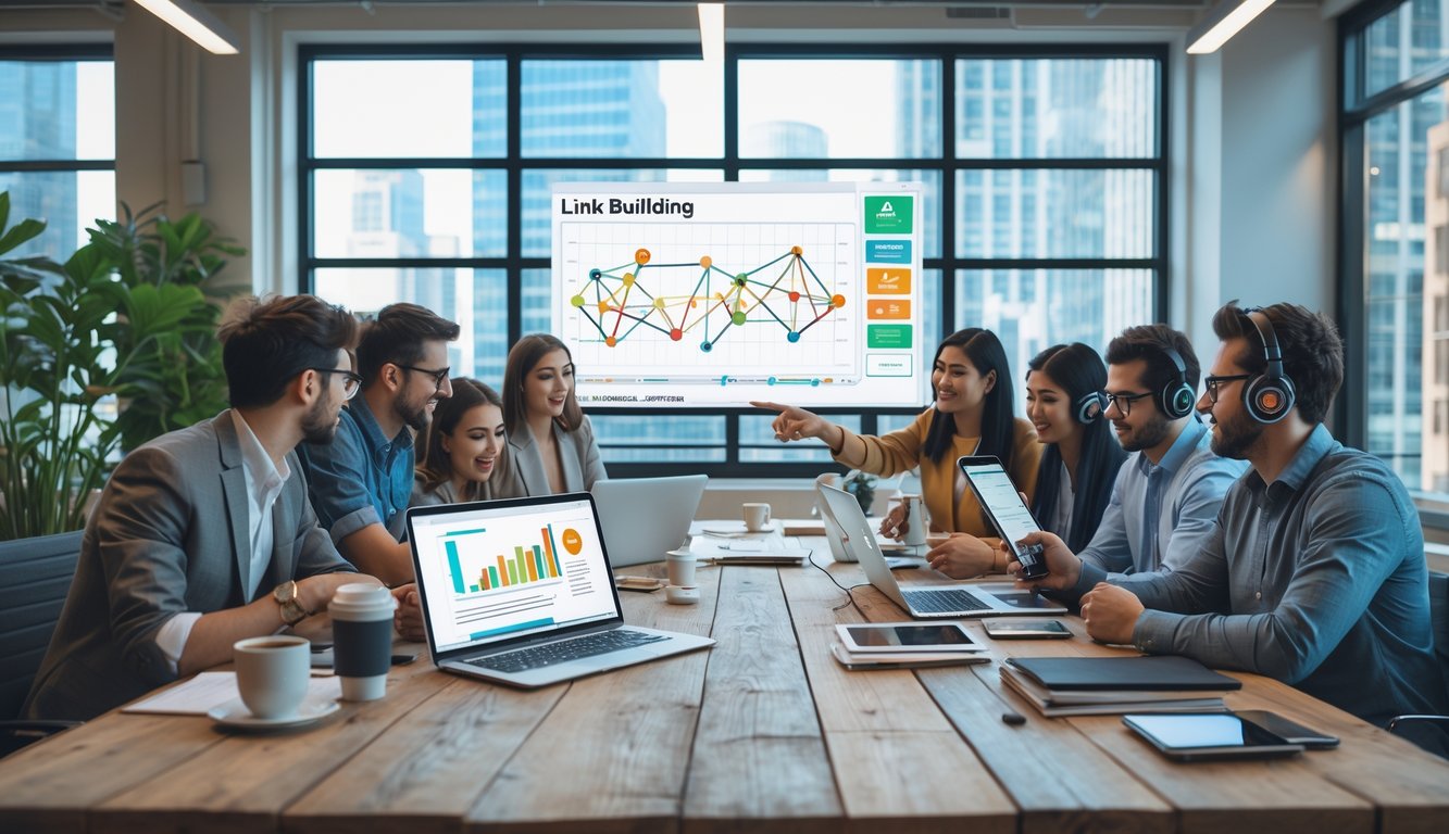 A group of professionals working together in a modern coworking space with laptops and digital devices, discussing SEO strategies.