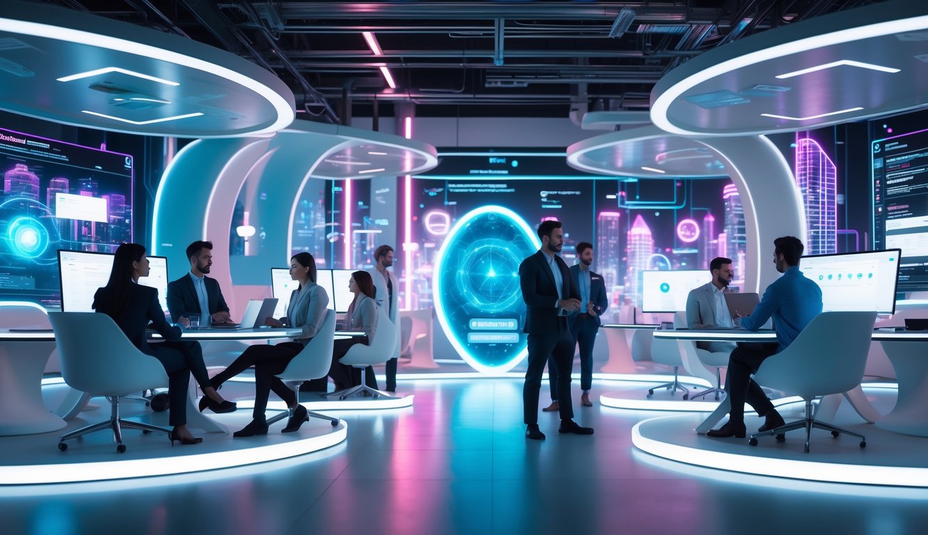 People working and collaborating in a futuristic virtual coworking space with digital screens and avatars.