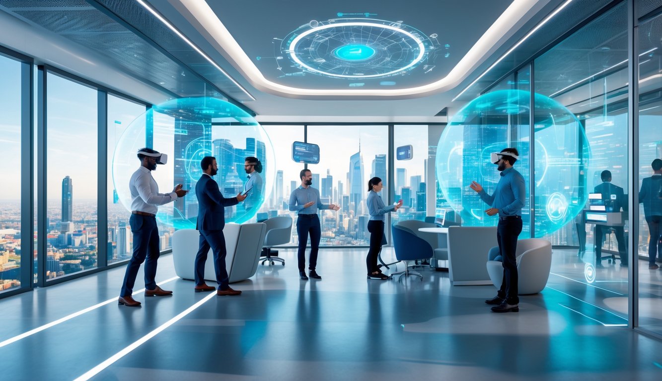 A group of professionals collaborating in a futuristic virtual coworking space with holographic screens and digital city views.