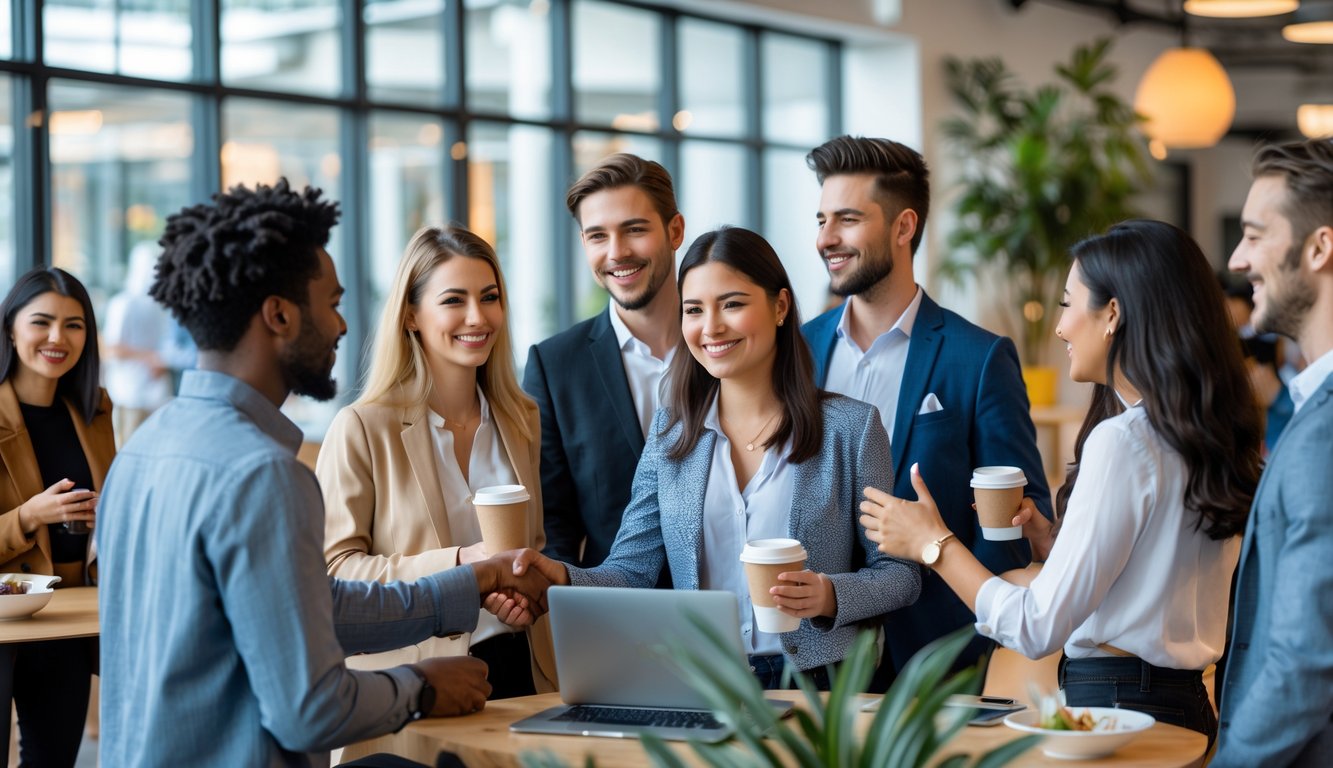 A diverse group of professionals networking and talking in a bright, modern coworking space.