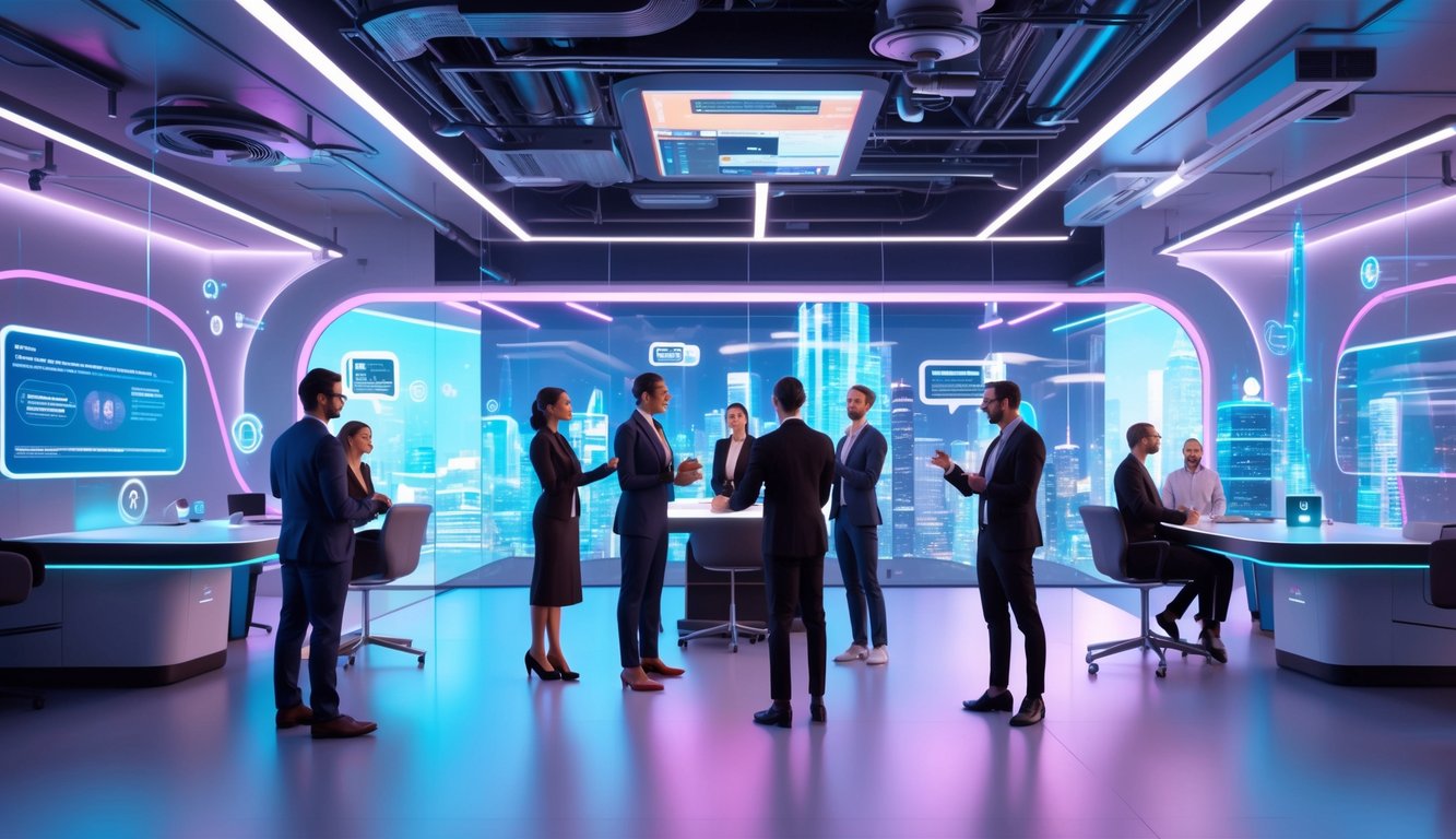 People working together in a futuristic virtual coworking space with holographic screens and digital interfaces.