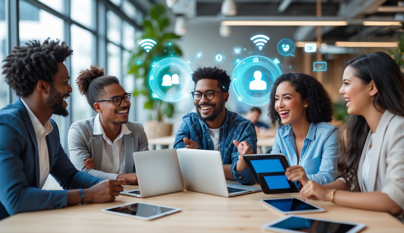 A diverse group of professionals chatting and working together in a bright coworking space with laptops and smartphones.