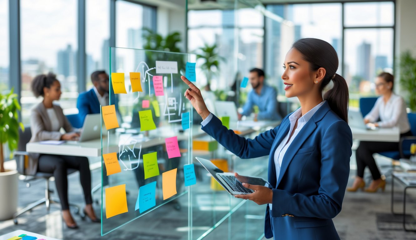 A group of professionals collaborating in a bright coworking space with a woman presenting ideas on a glass board.