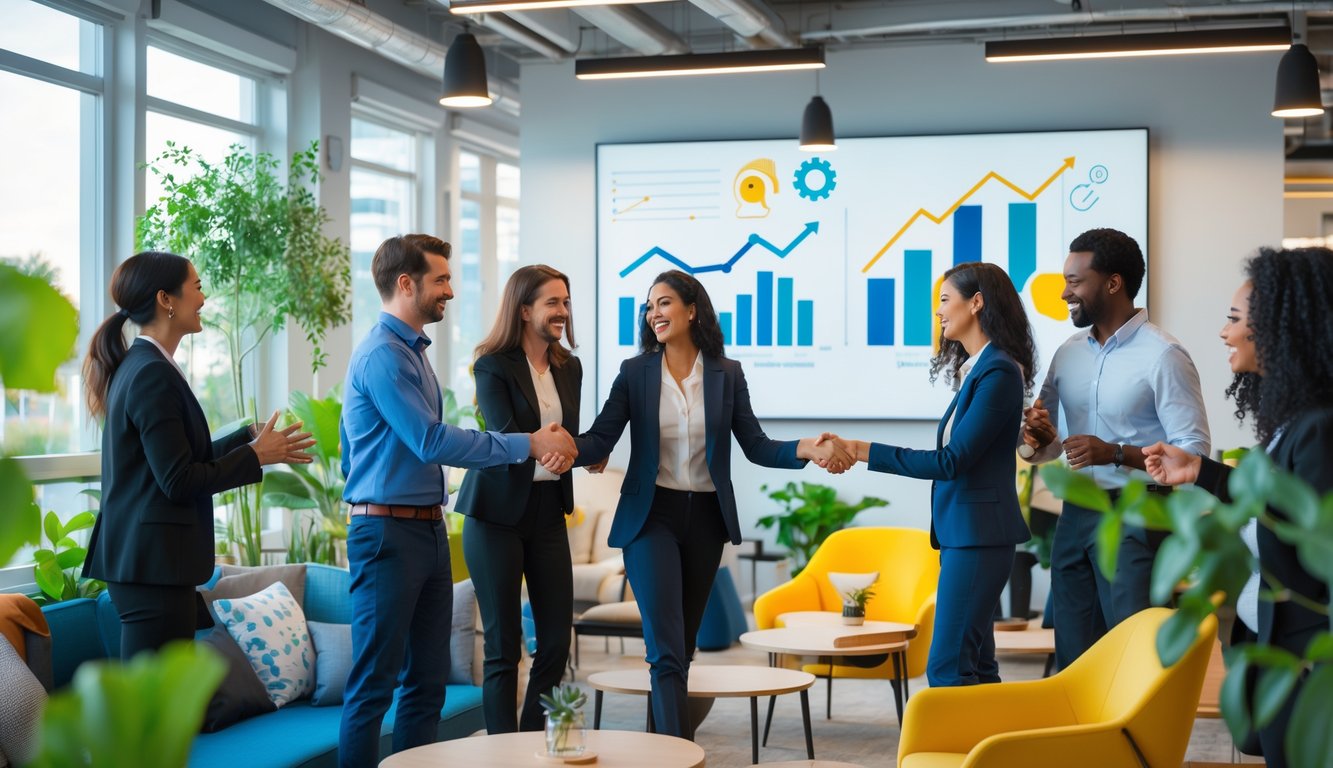 People networking and collaborating in a bright coworking space with natural light and plants.