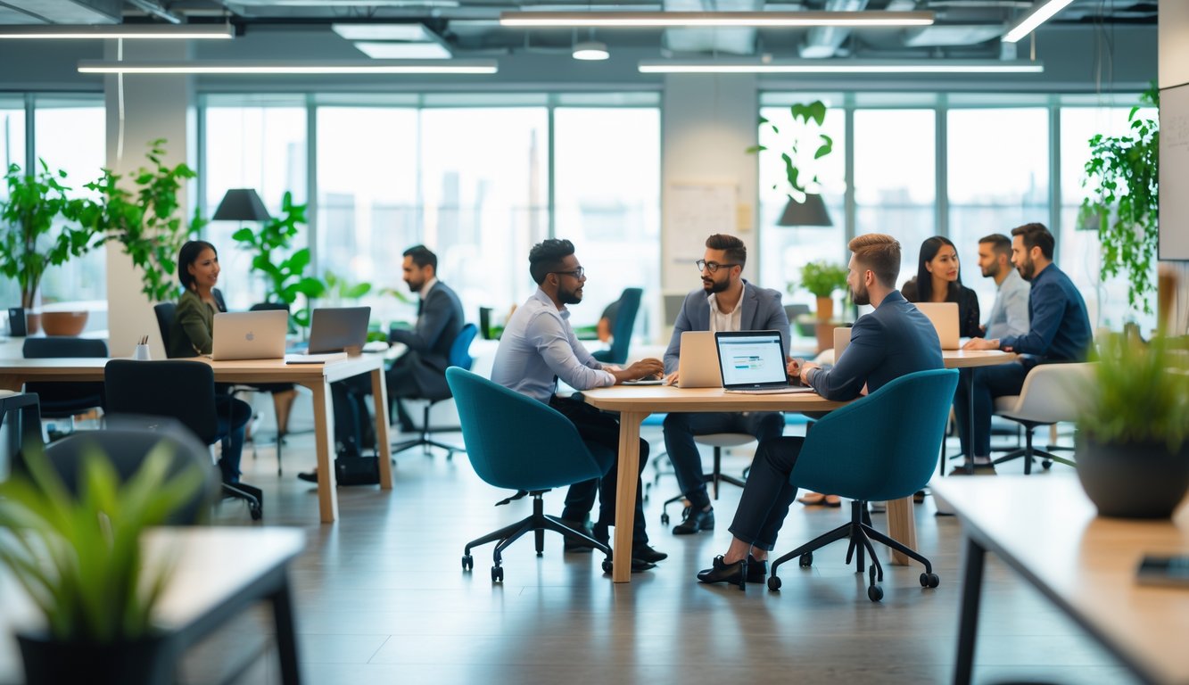 A modern coworking space with people working individually and collaborating around desks in a bright, open room with large windows and plants.