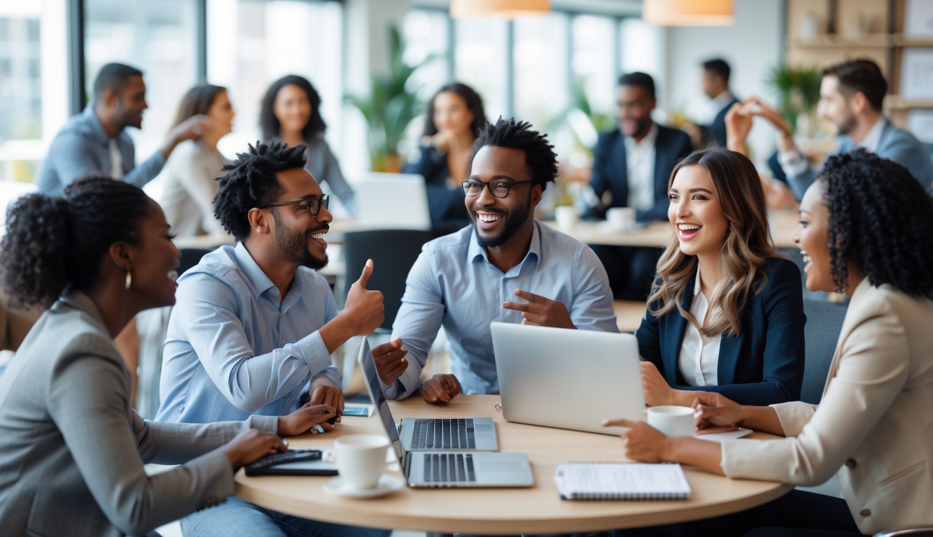 People in a modern coworking space talking and collaborating in small groups around desks with laptops and notebooks.
