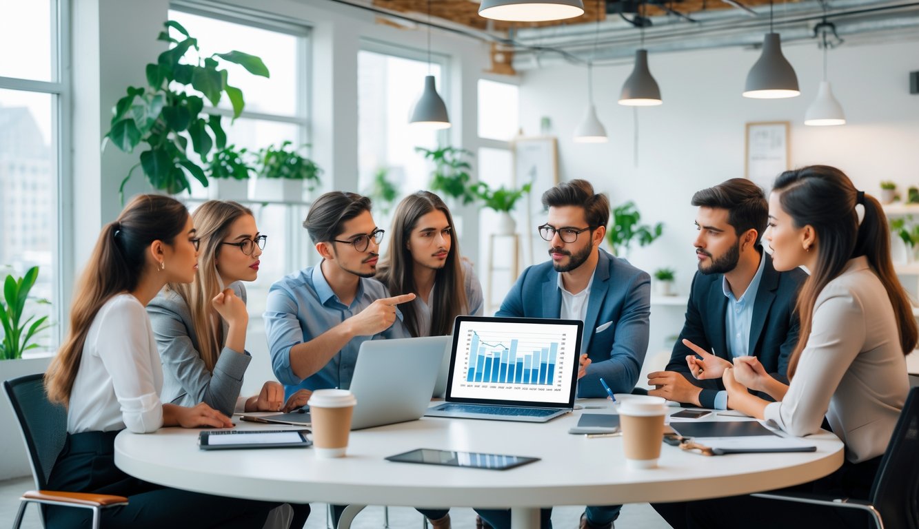A group of diverse professionals collaborating around a table in a bright coworking space, discussing ideas with laptops and tablets.