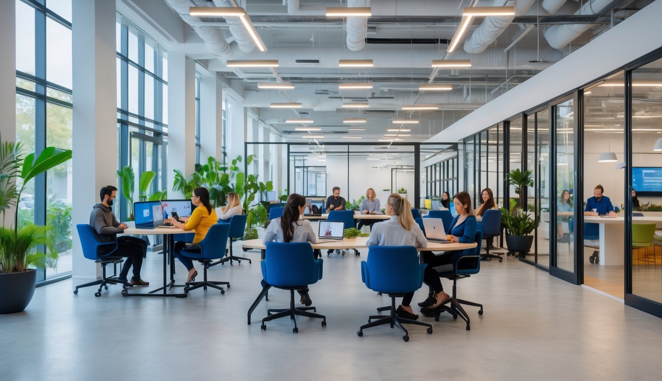 A modern coworking space with diverse people working individually and in groups, surrounded by plants and natural light.