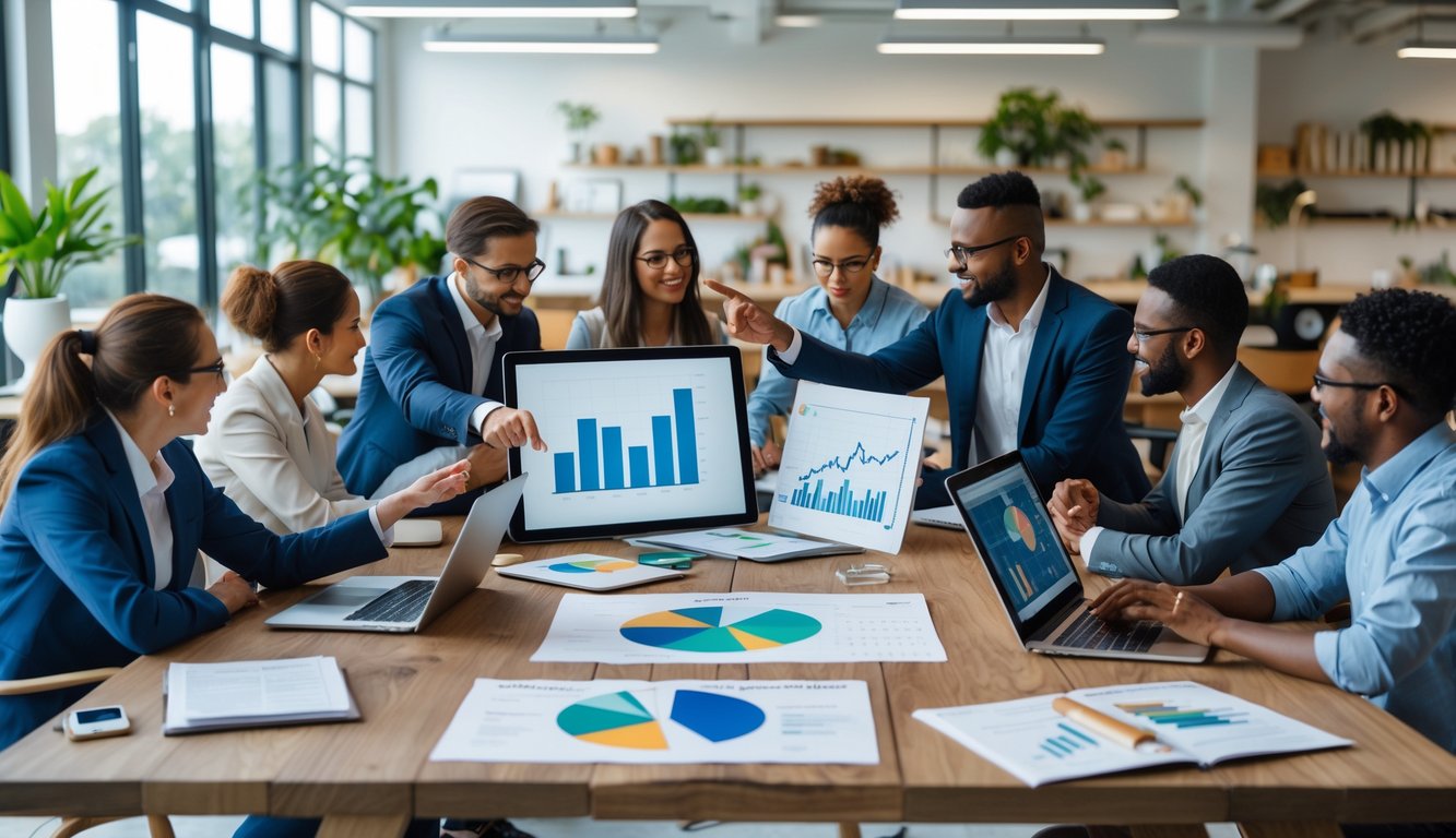 A group of professionals collaborating around a table with laptops and charts in a bright coworking office.