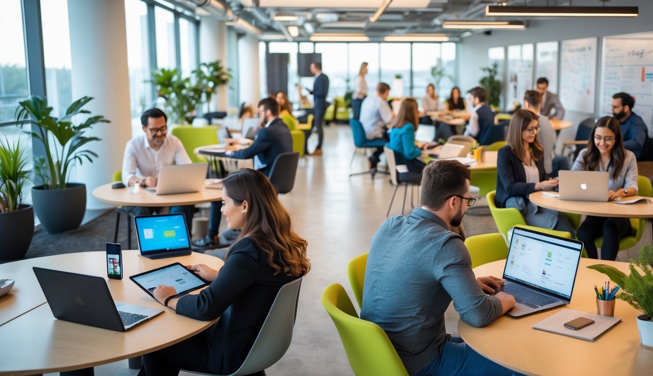 A modern coworking space with diverse people working on laptops and tablets at communal tables and desks, with natural light and indoor plants.