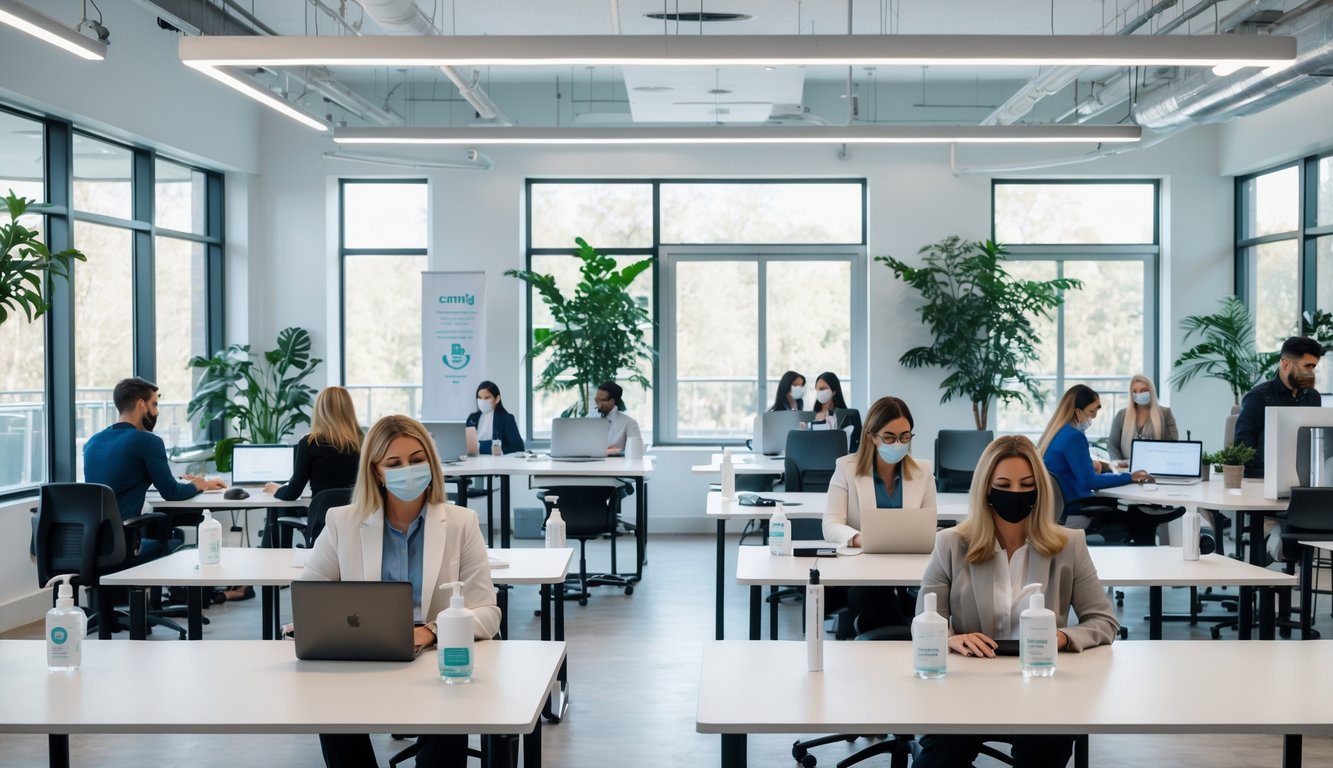 A modern coworking space with people working at spaced desks, plants around, and visible health and safety measures like hand sanitizer and desk dividers.