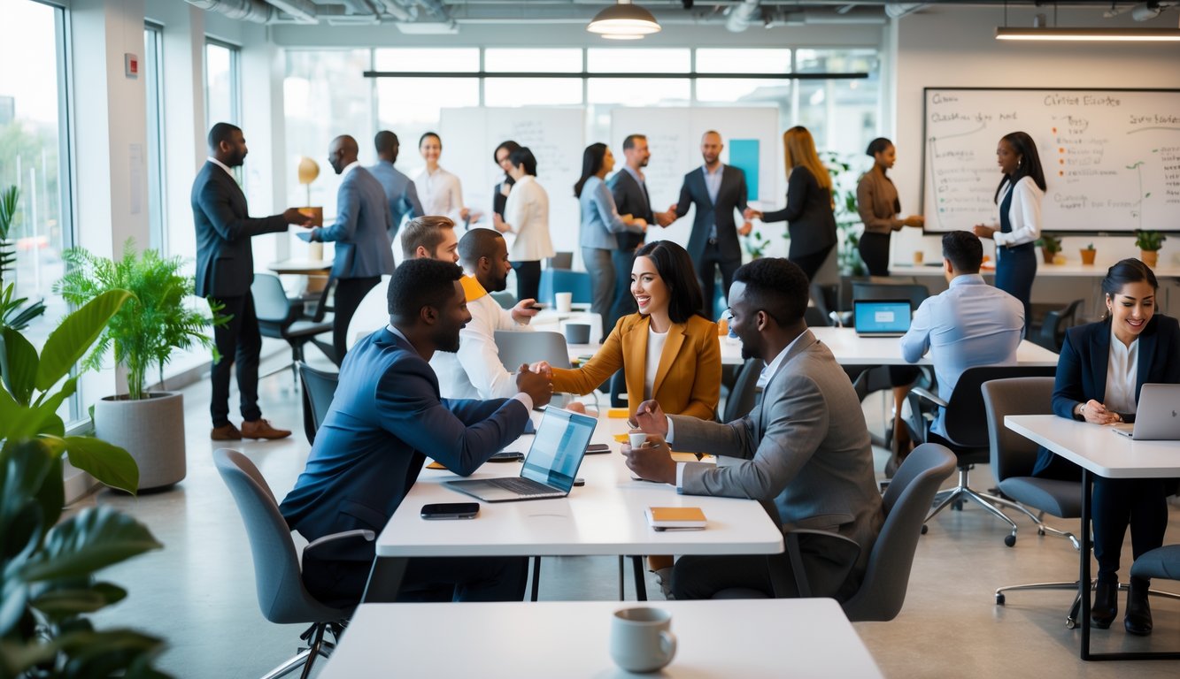 A bright coworking space with diverse people collaborating, networking, and working together around desks.