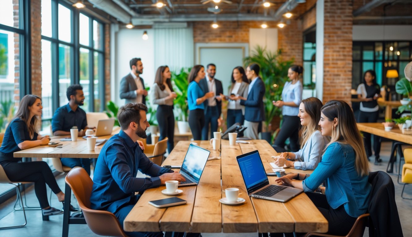 A modern coworking space with diverse people working, talking, and collaborating around tables in a bright, open room.