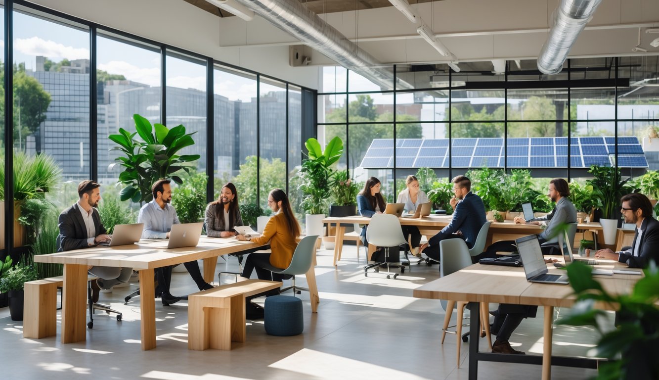 A modern coworking space with people working at desks surrounded by plants and natural light.