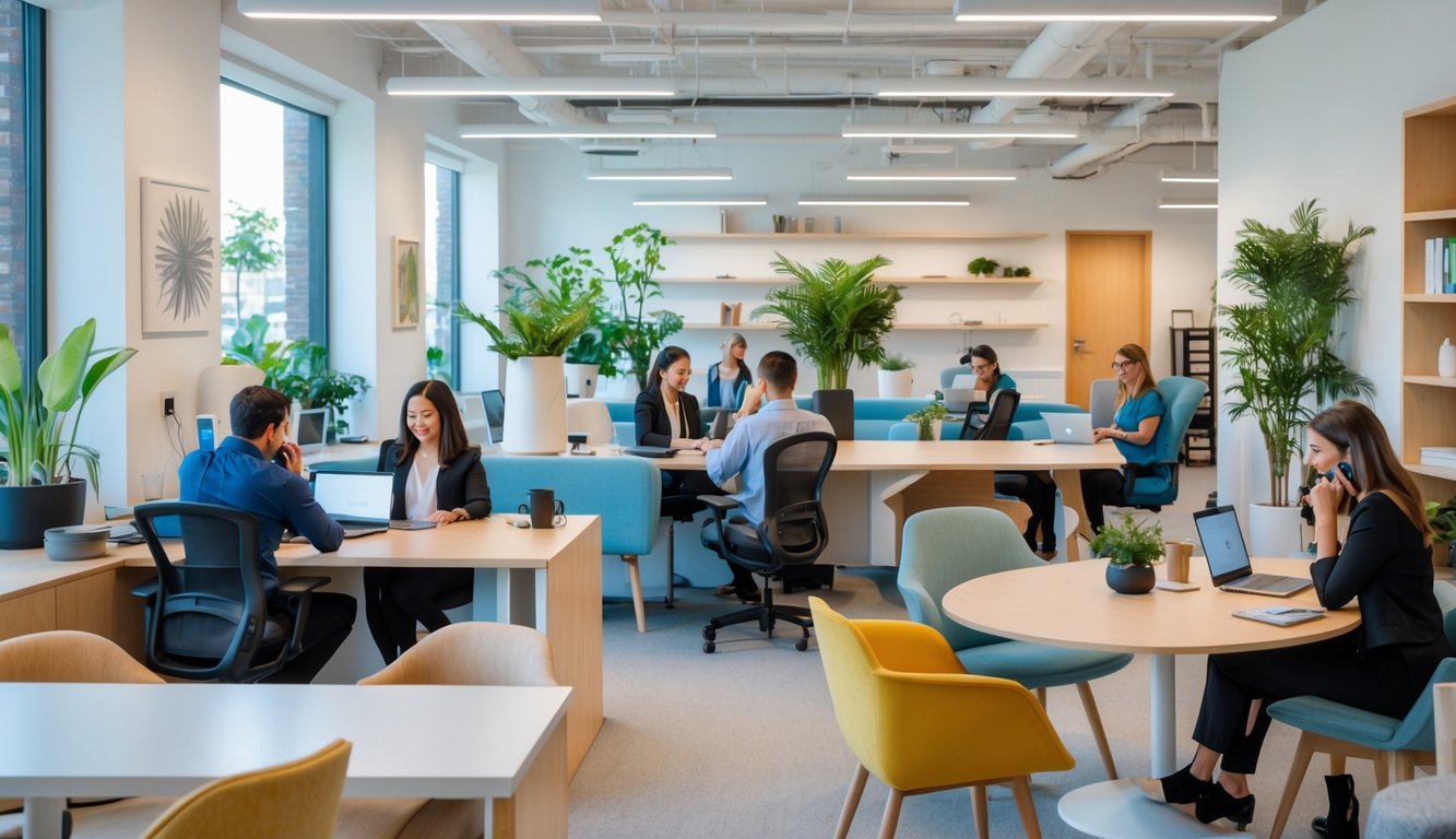 A modern coworking space with diverse professionals working at desks and communal tables surrounded by plants and office amenities.
