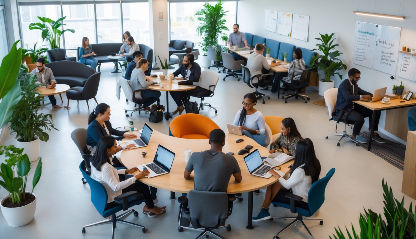 A modern coworking space with diverse people working on laptops and devices at various seating areas, including desks and lounge chairs.