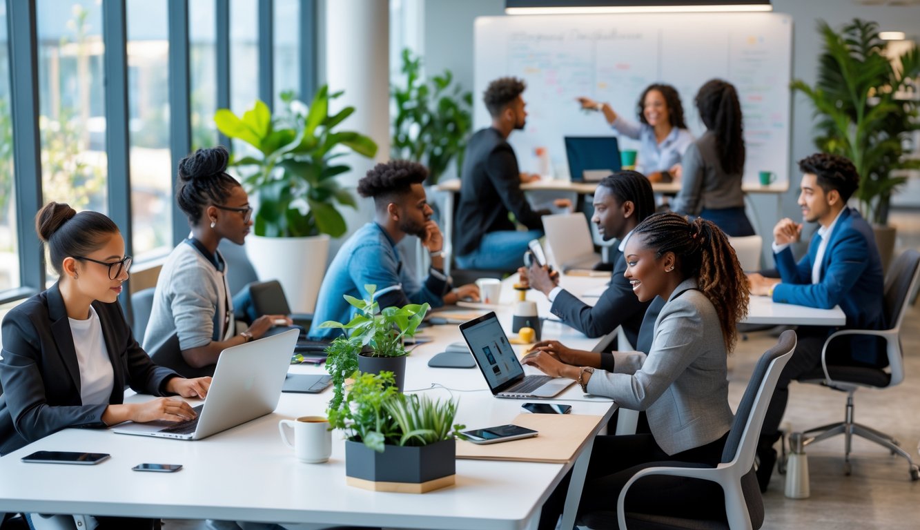 A modern coworking space with diverse people working on laptops and collaborating in a bright, open office.