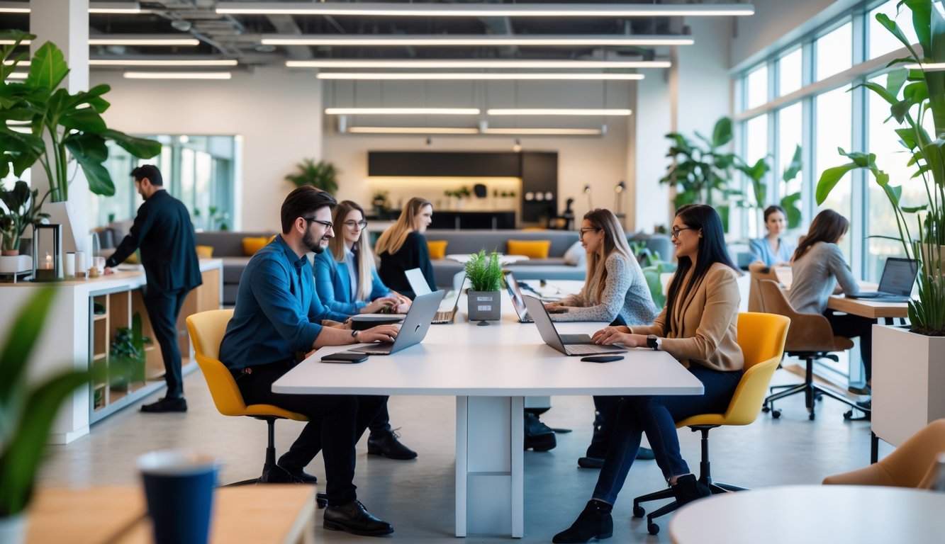 A bright coworking space with diverse professionals working individually and collaboratively at desks and tables, surrounded by plants and modern furniture.