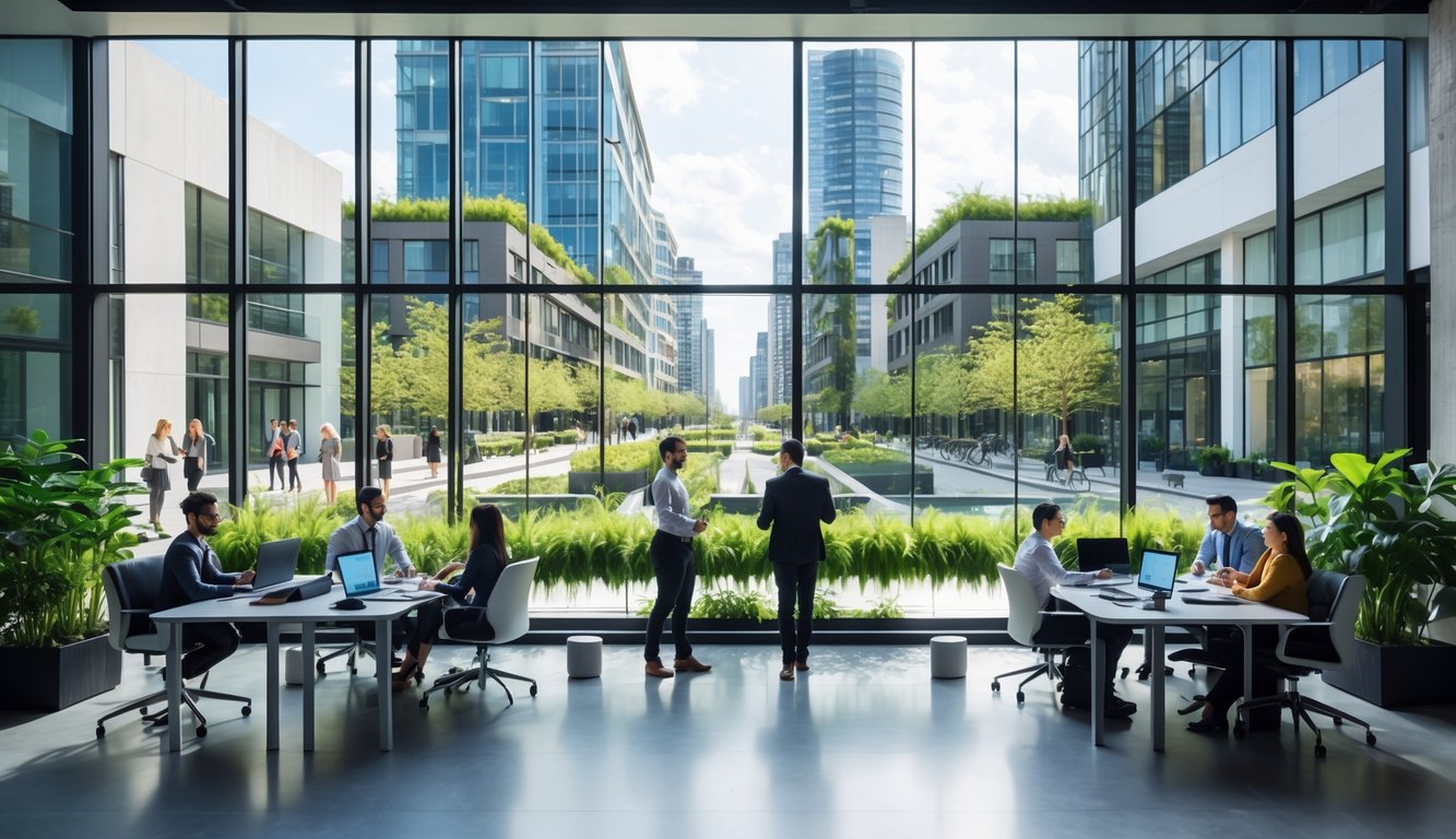 A bright coworking space with people working together at desks and a view of a futuristic city with green rooftops and pedestrian streets.