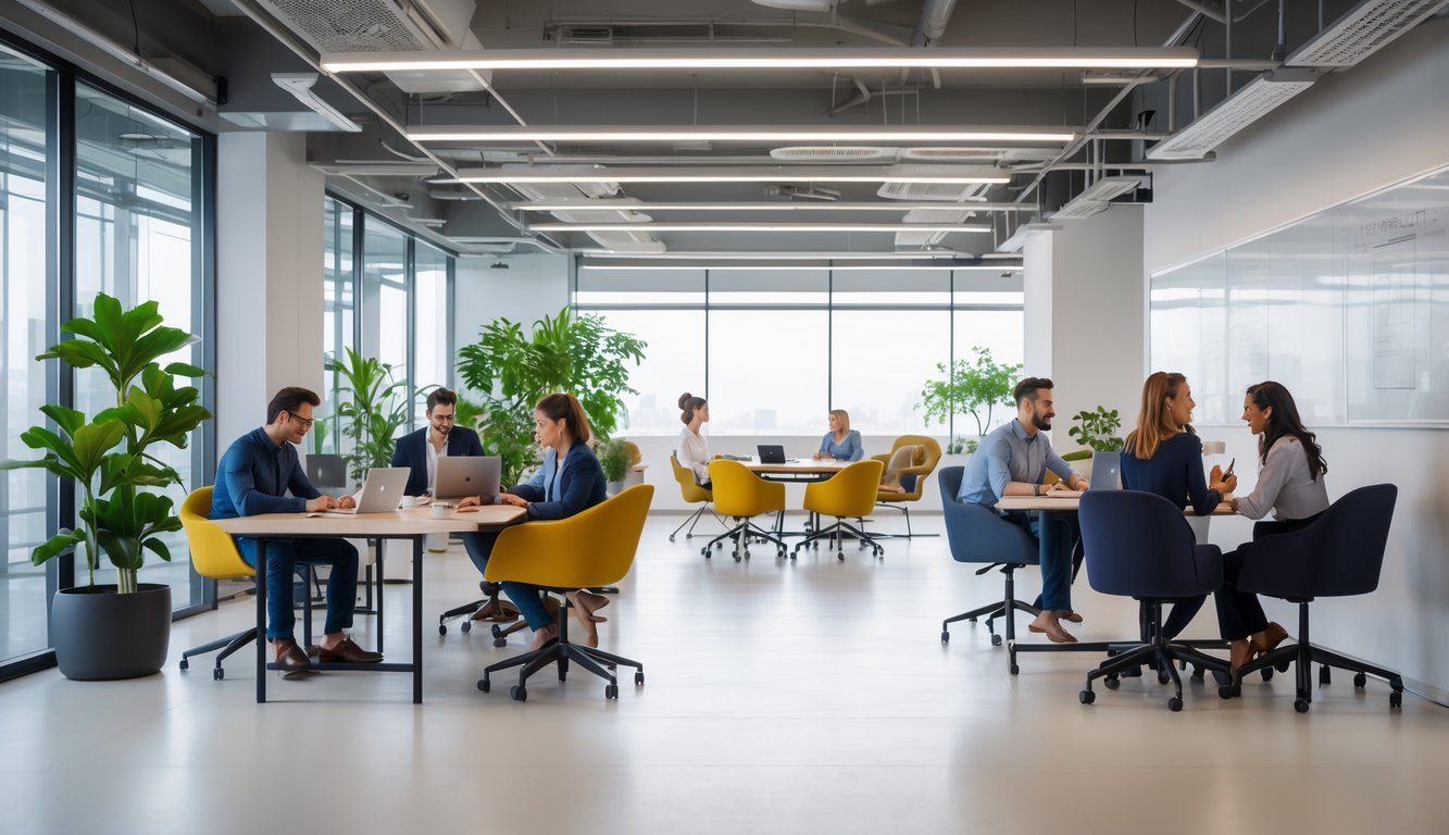 A modern coworking space with people working individually and in groups at desks and tables in a bright office with large windows and plants.