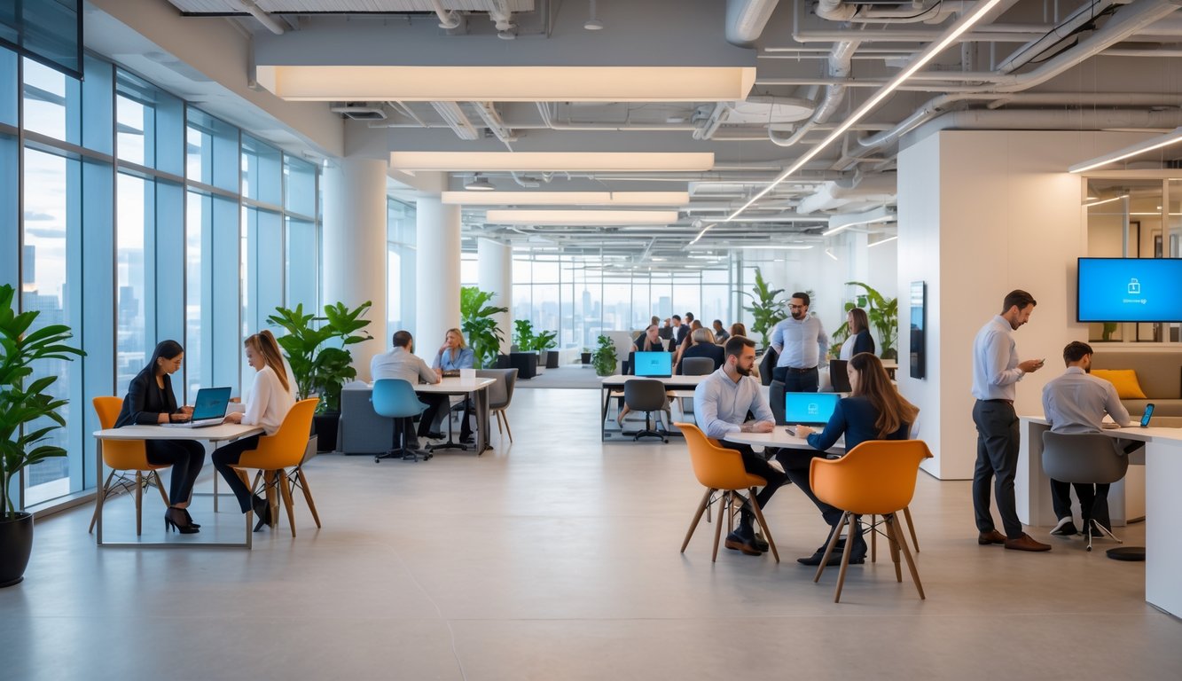 A bright, modern coworking space with people working individually and in groups, surrounded by plants and contemporary furniture.