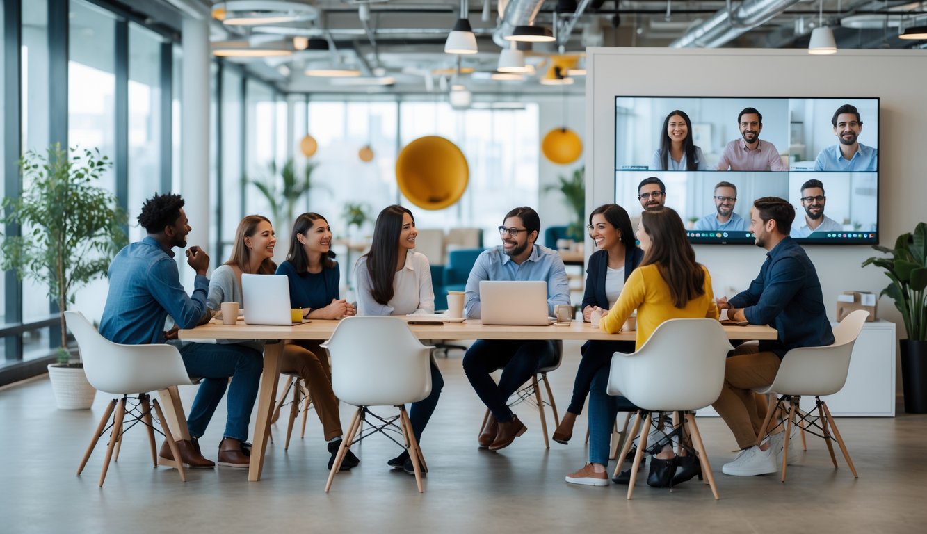 A group of coworkers collaborating around a table with laptops while remote colleagues appear on a video conference screen in a bright, modern office.