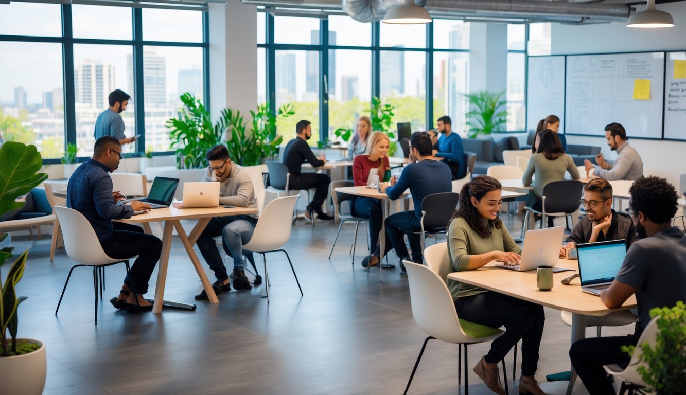 A modern coworking space with diverse people working on laptops and having discussions in a bright room with large windows and plants.