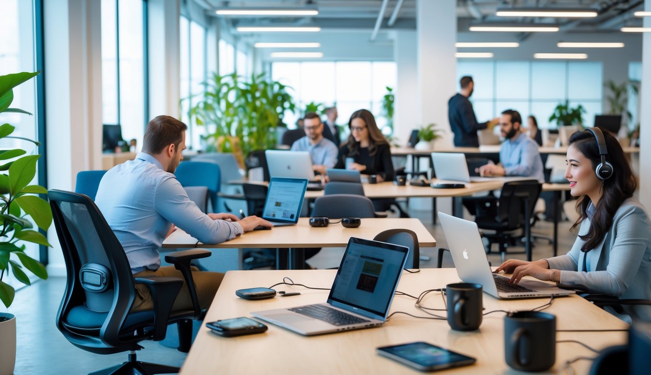 People working on laptops and tablets in a modern coworking space with natural light and plants.