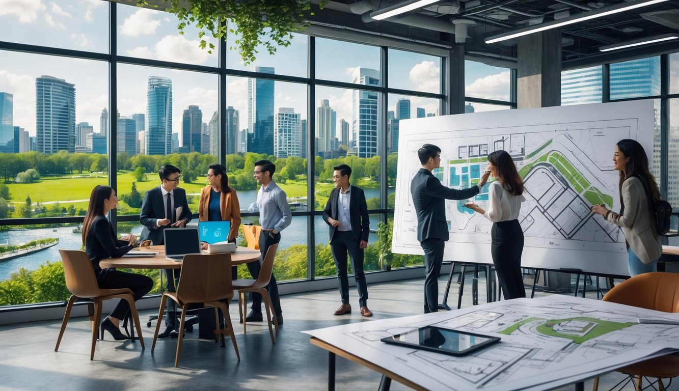 People working together in a modern coworking office with a city skyline and urban planners discussing city models outside the windows.
