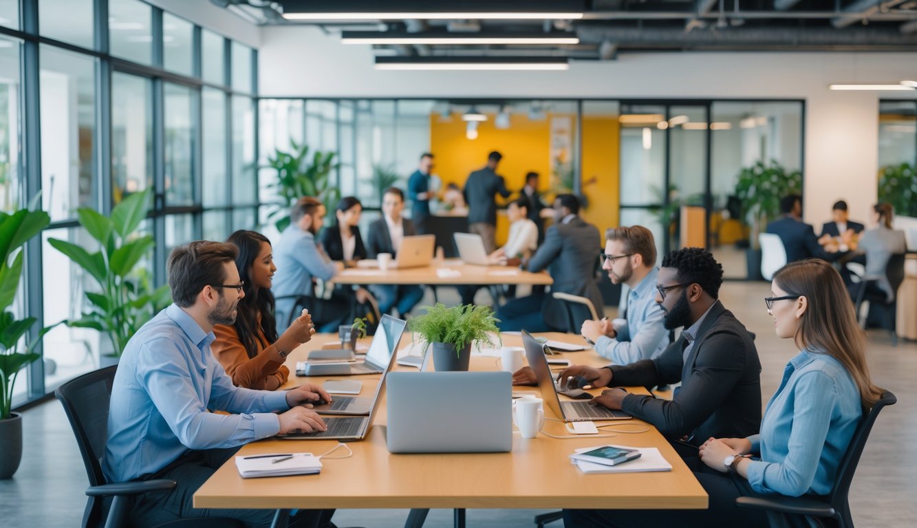 A modern coworking space with diverse people collaborating, working on laptops, and having meetings in a bright, open environment.