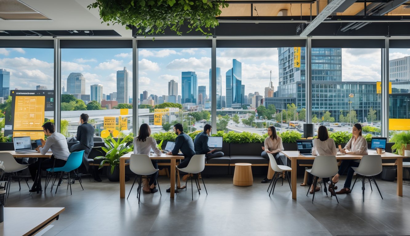 A busy coworking space with people working and collaborating near large windows overlooking a modern city with green rooftops and pedestrian streets.
