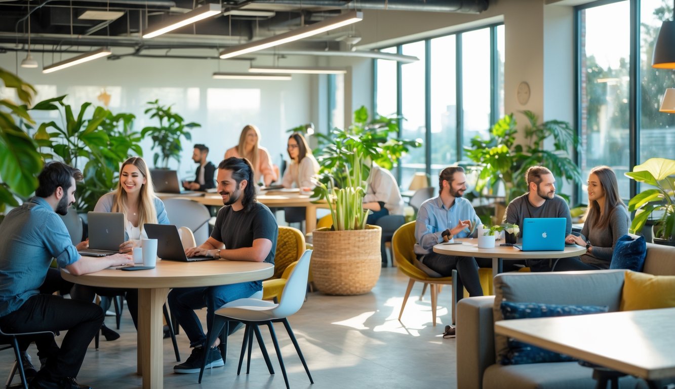 A modern coworking space with diverse people working, talking, and relaxing together in a bright, plant-filled room.