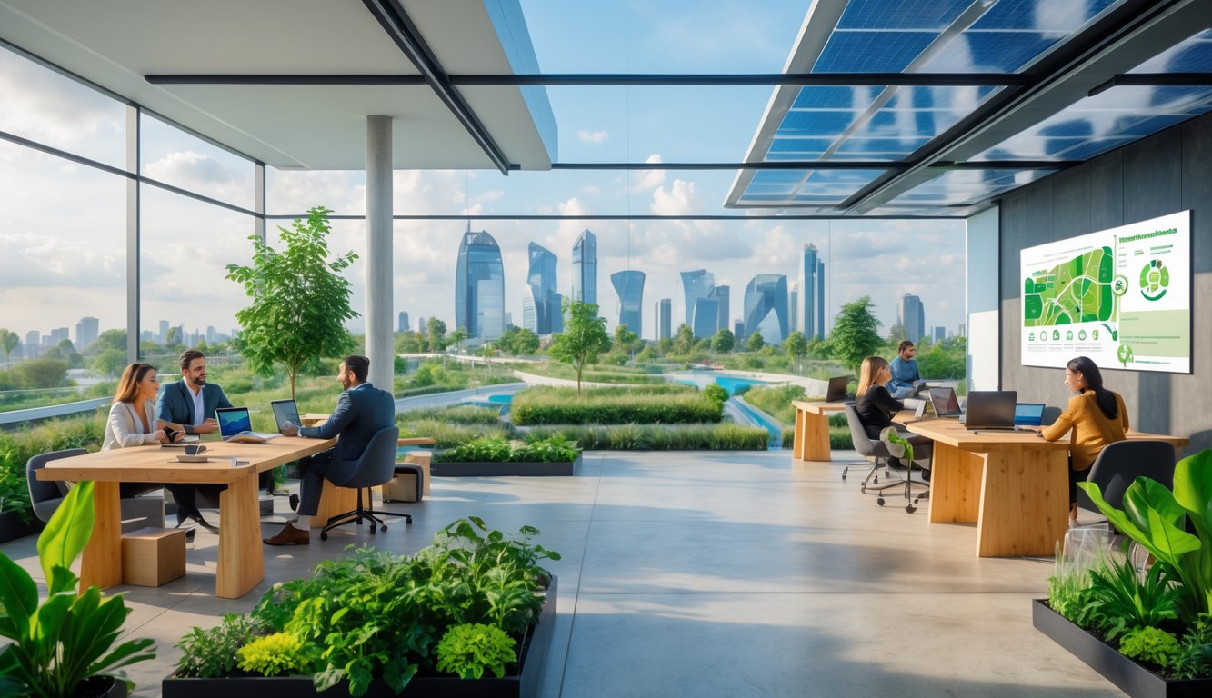 A bright coworking space with people working at desks surrounded by plants, large windows showing a city with green roofs, rooftop gardens, and bike lanes.