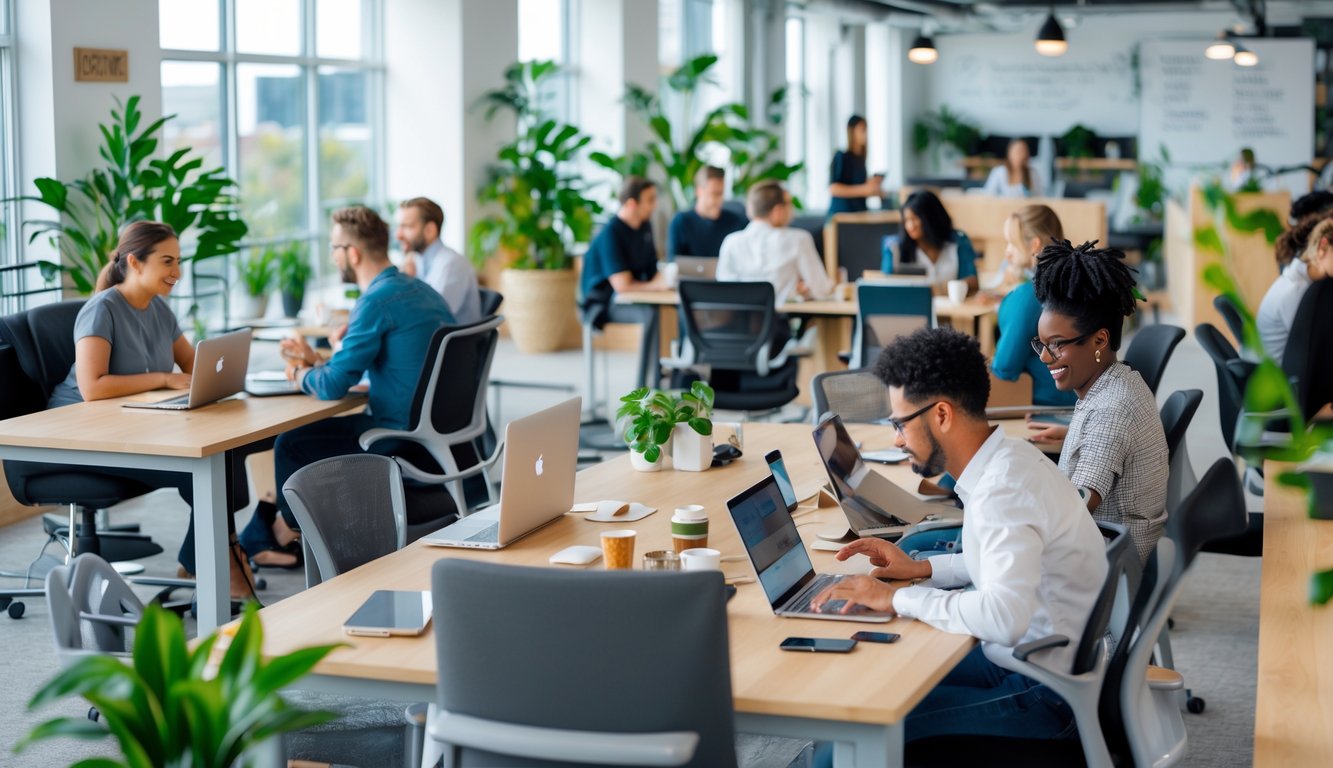 People working on laptops and tablets in a bright, modern coworking space with plants and shared desks.