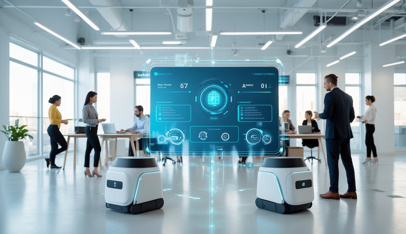 A modern coworking space with people working and a transparent digital screen showing AI-driven analytics and automation controls.