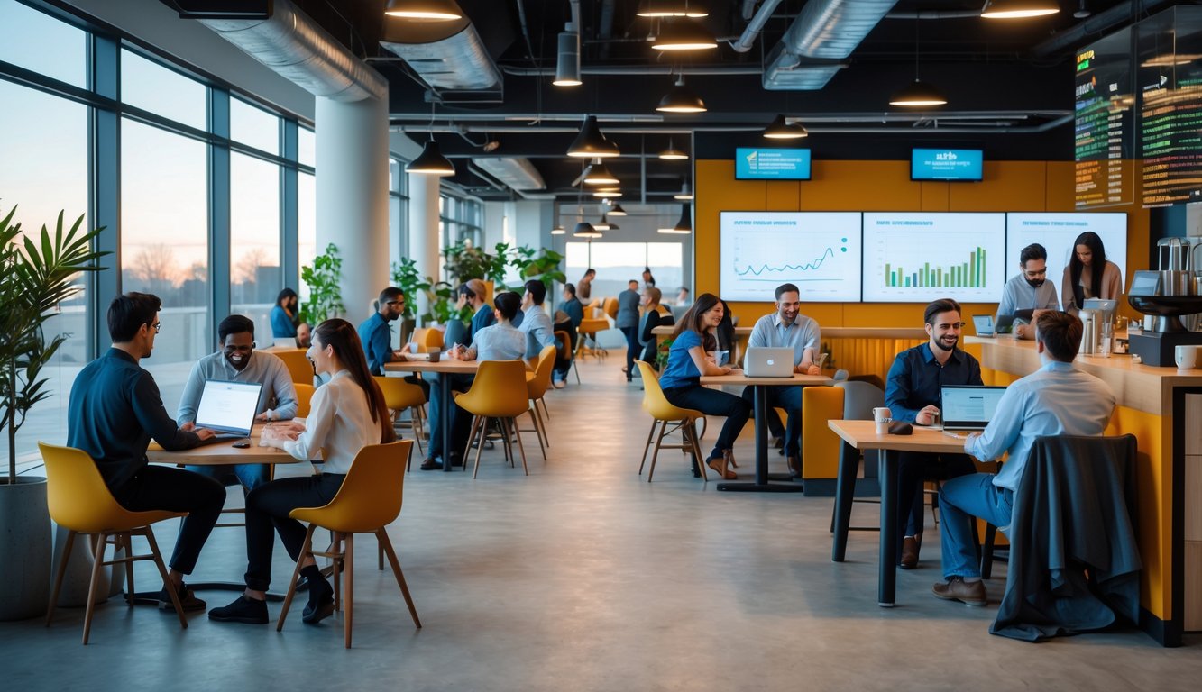 A modern coworking space with people working on laptops, collaborating, and having discussions in a bright, open office.