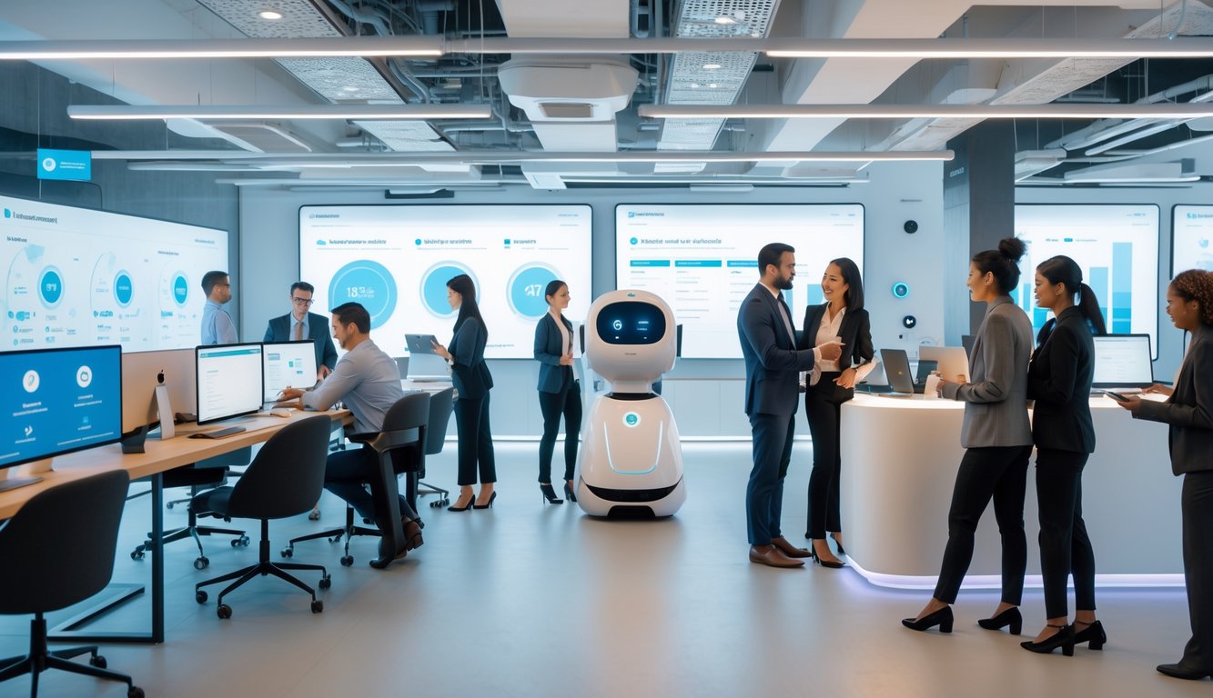 A modern coworking space with people working and interacting with AI technology and automated devices.