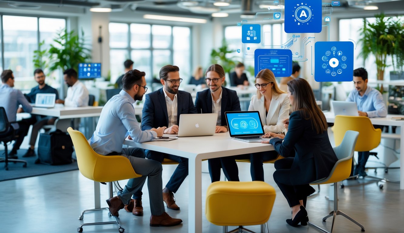 A modern coworking space with diverse professionals collaborating around a table, using laptops and smart devices, surrounded by open workstations and natural light.