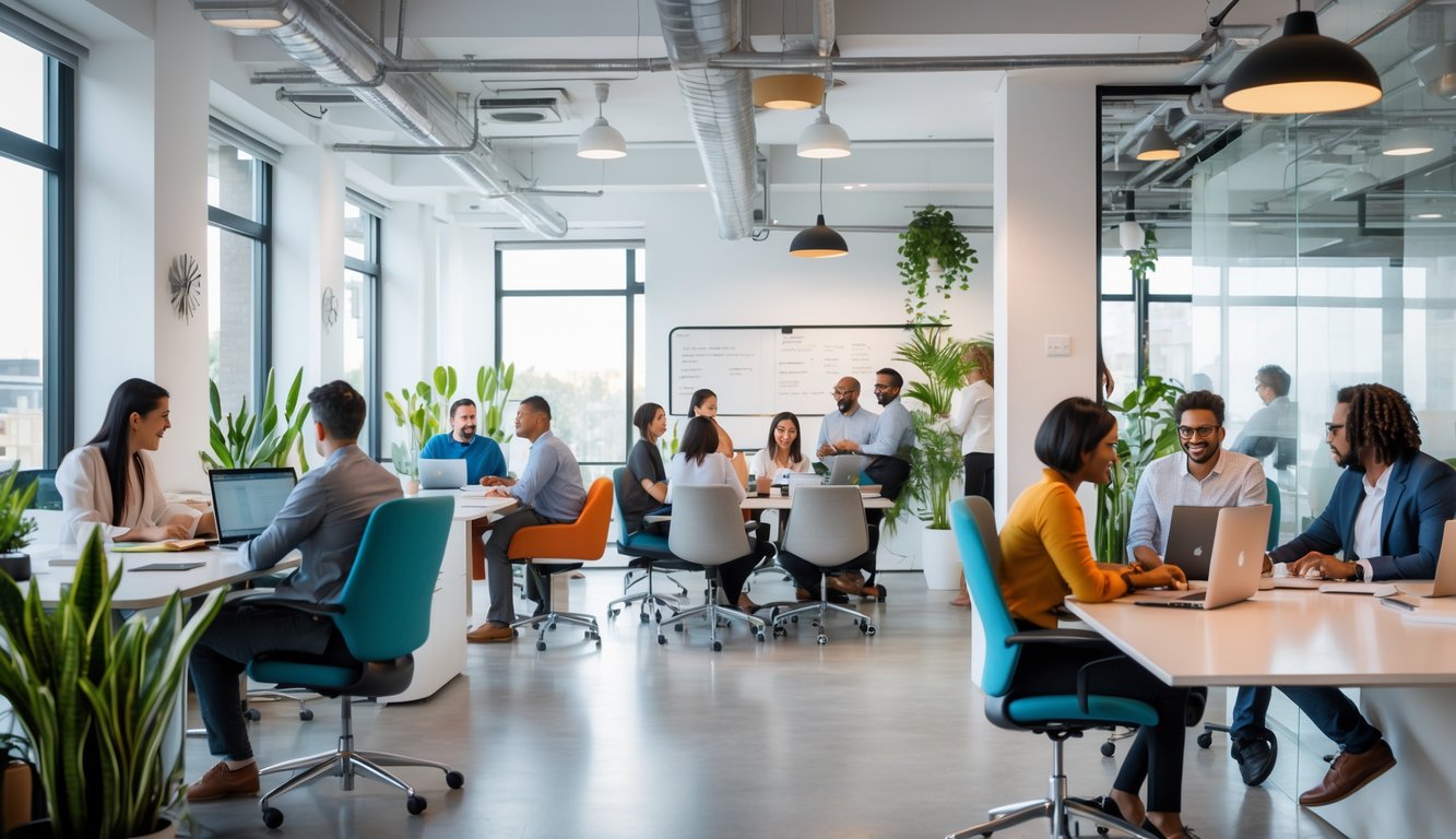 A modern coworking space with people working together at desks and in small groups.