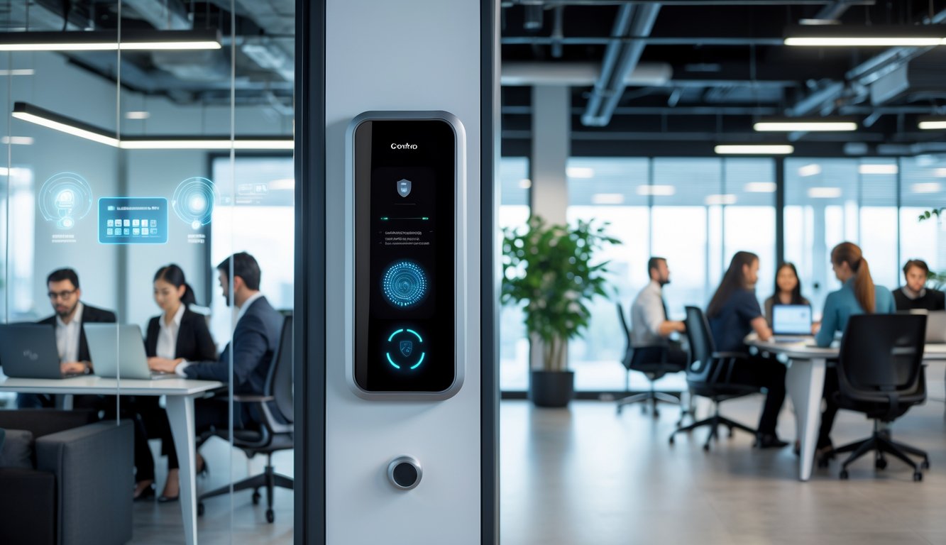 A modern coworking space with professionals working and a biometric access panel near the entrance showing advanced security technology.