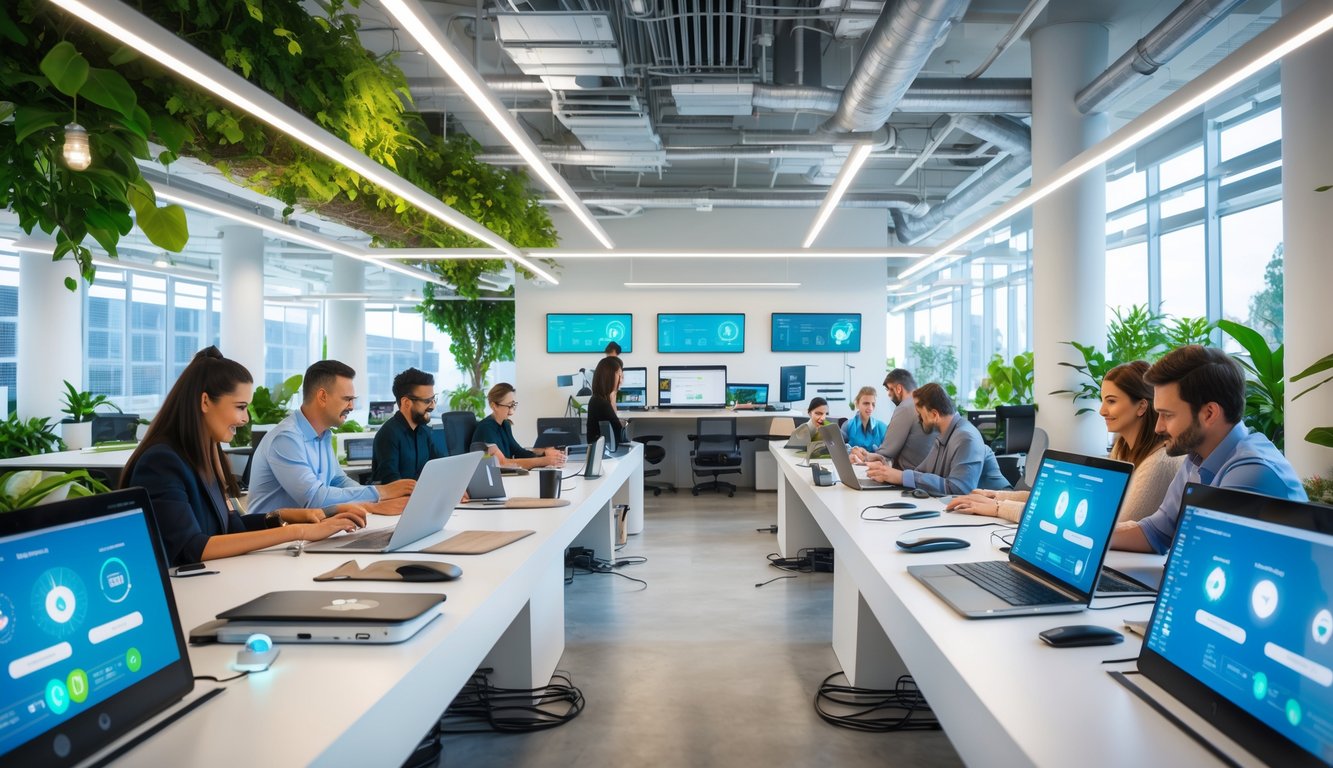 A modern coworking space with people working at desks surrounded by plants and technology monitoring environmental impact.
