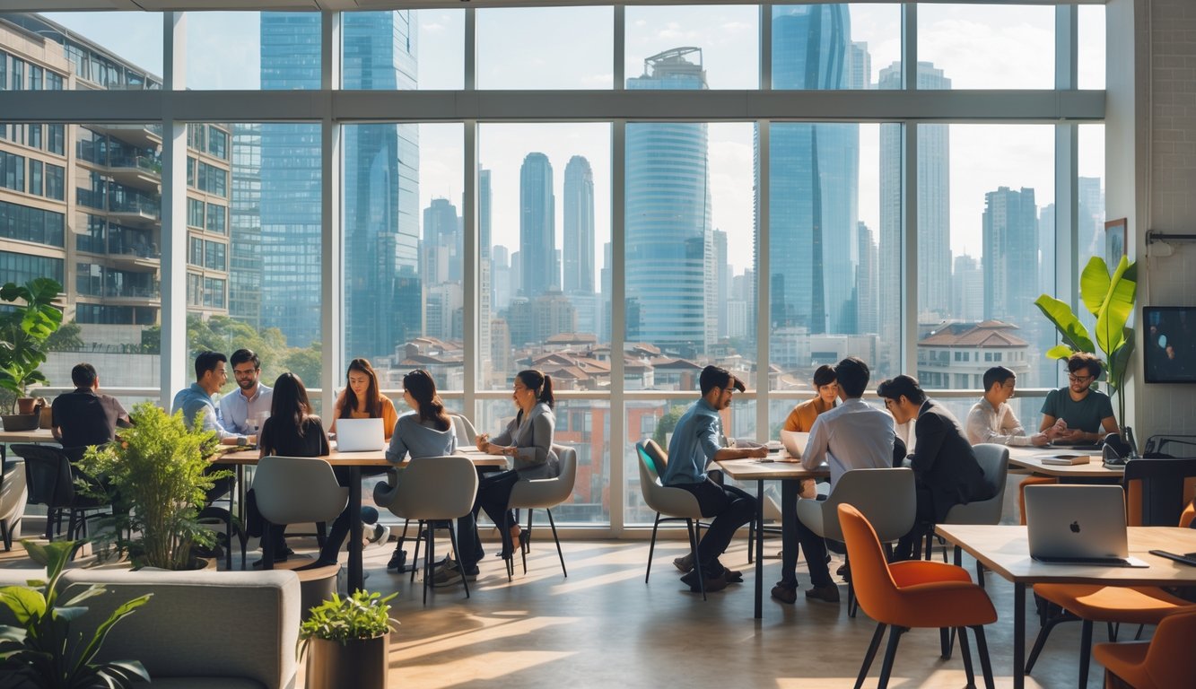 A modern coworking space with diverse people working together near large windows overlooking a city skyline.