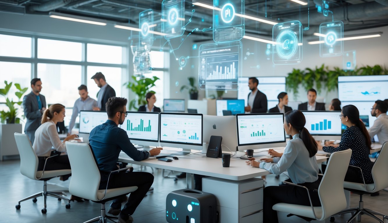 People working and collaborating in a bright, modern coworking space with computers showing data and futuristic digital interfaces floating in the air.
