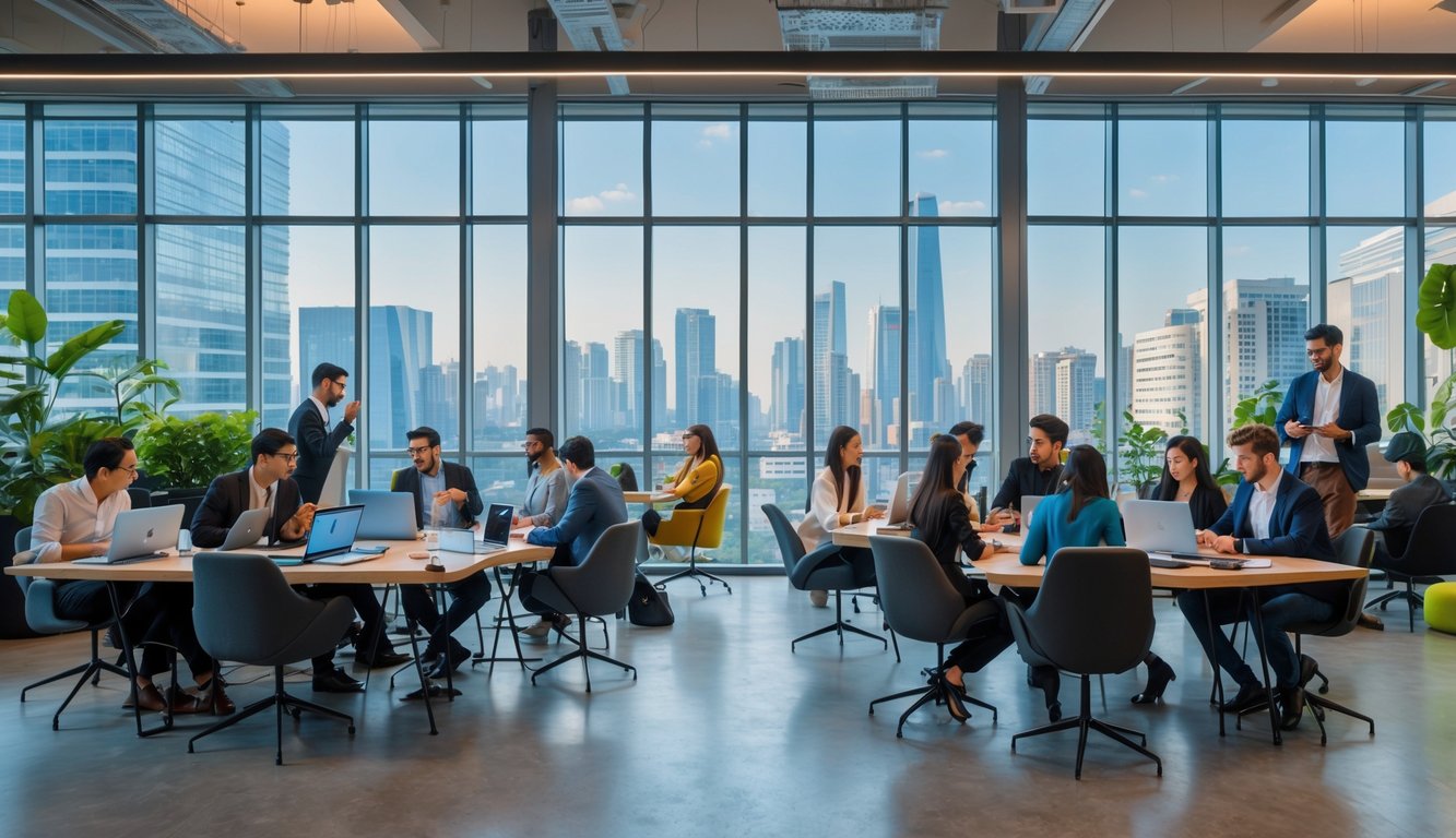 A modern coworking space with diverse professionals working together and using laptops in a bright room overlooking a city skyline.